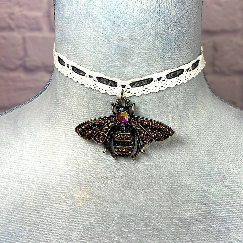 Handmade Victorian style studded bee and lace choker necklace